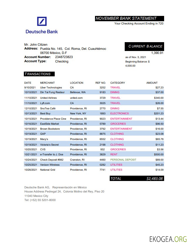 Modèle de relevé bancaire Mexique Deutsche facile à remplir au format Excel et PDF